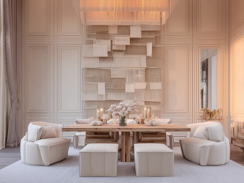 Tapiz artesanal en comedor de diseño elegante y minimalista