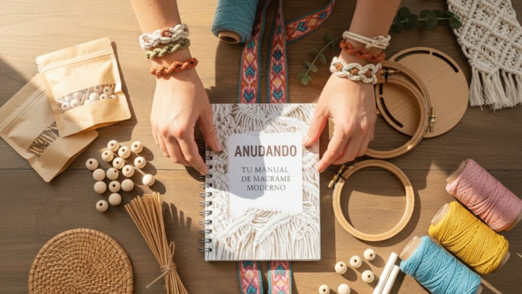 Accesorios de macramé moderno sobre mesa de trabajo: manual creativo, bastidores circulares de madera, cuentas y abalorios, cordones de colores y herramientas para proyectos DIY