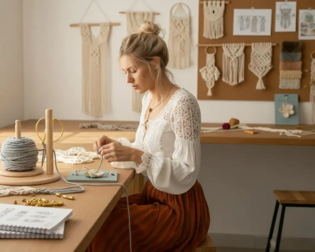 Escena en un estudio de macramé moderno donde una mujer descubre nuevas herramientas y accesorios —portamacramés, bases de madera, ganchos y detalles dorados— que transforman sus proyectos en piezas únicas y creativas.