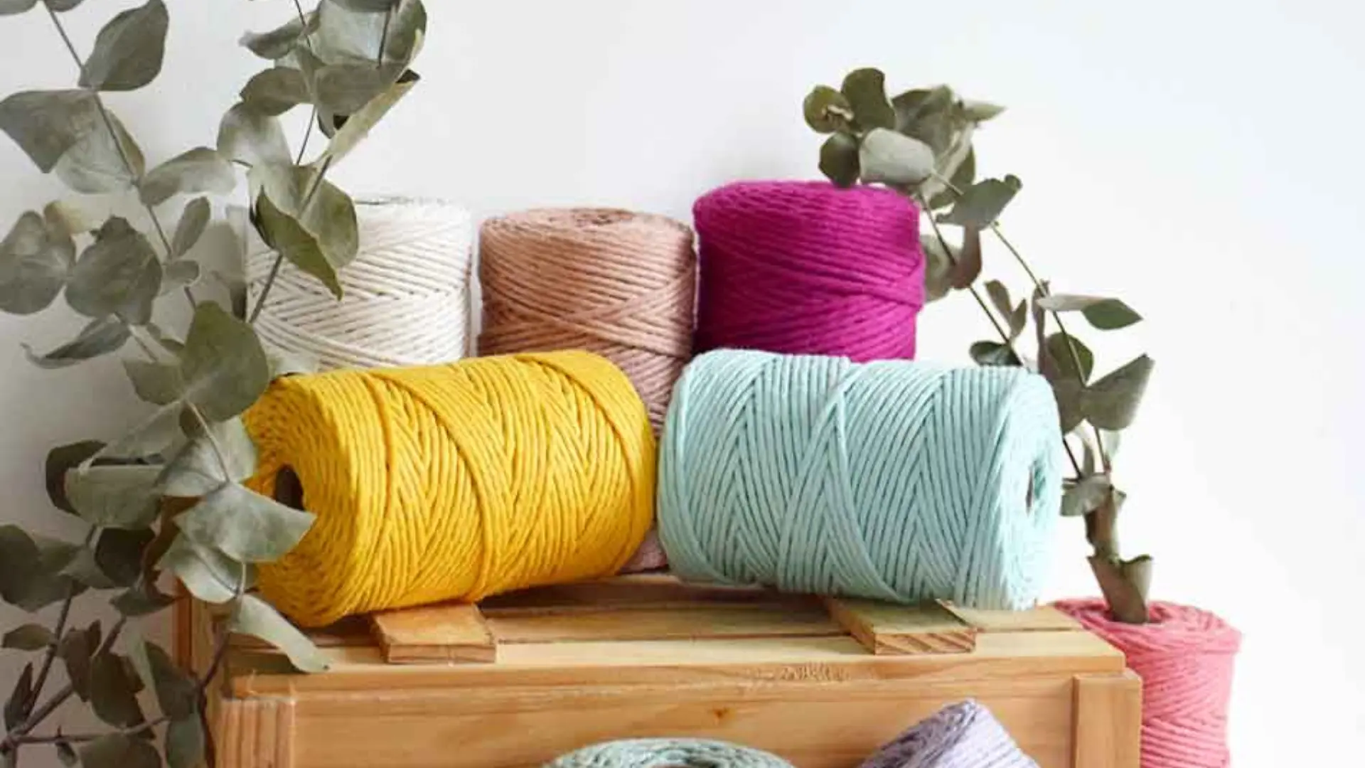 Diferentes tipos de hilo para hacer macramé, en bobinas, ovillos de diversos colores