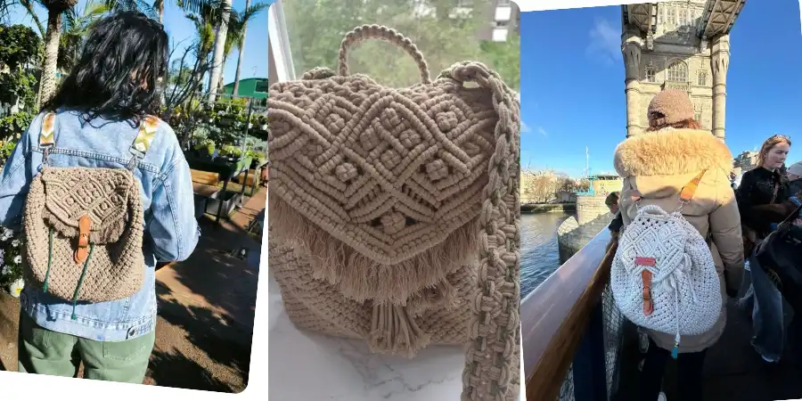 · mochilas de macramé moderno creadas por diferentes alumnas