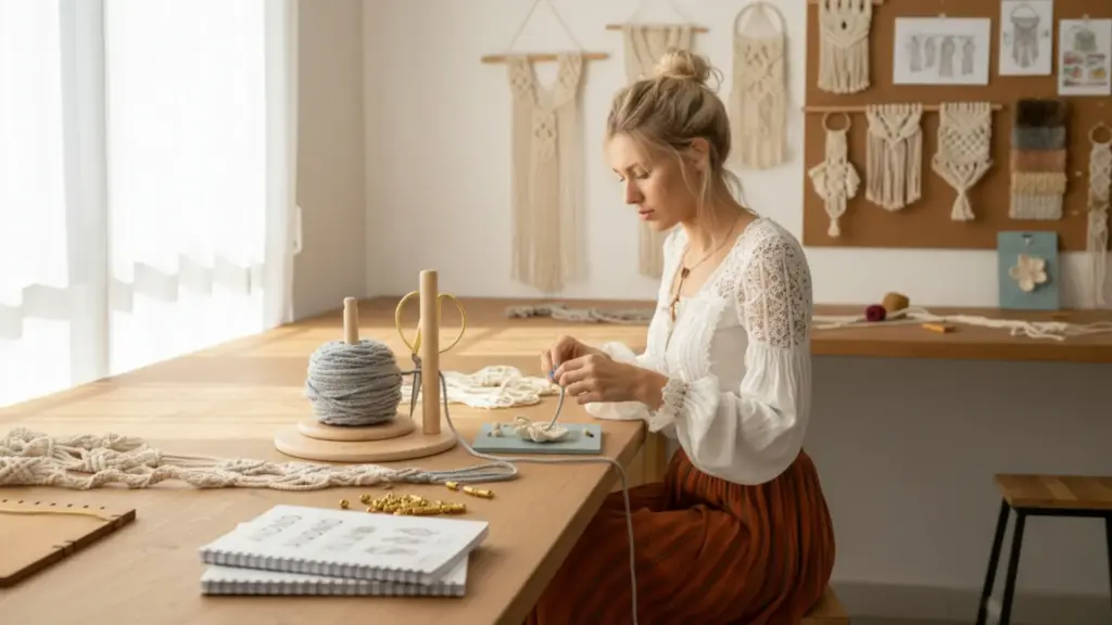 Mujer utilizando utensilios novedosos para hacer macramé
