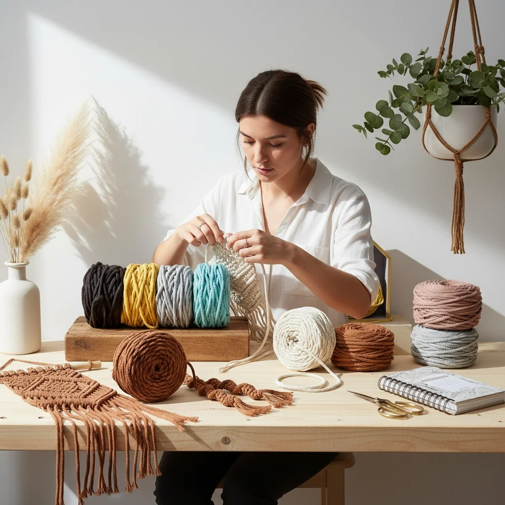 Chica haciendo macrame con Ovillos algodón sostenible Cotton Air 5mm de Fruto Samore