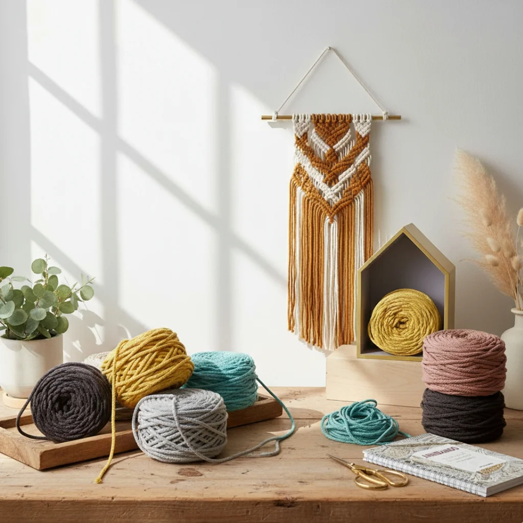 Bodegon de macrame con ovillos Cotton Air 5mm de Fruto Samore
