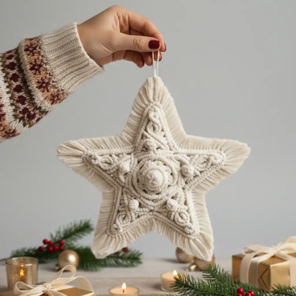 Mano sosteniendo una estrella luminosa tejida en macramé sobre fondo navideño con velas, ramas y regalos, parte de la Colección de Navidad de Fruto Samore®