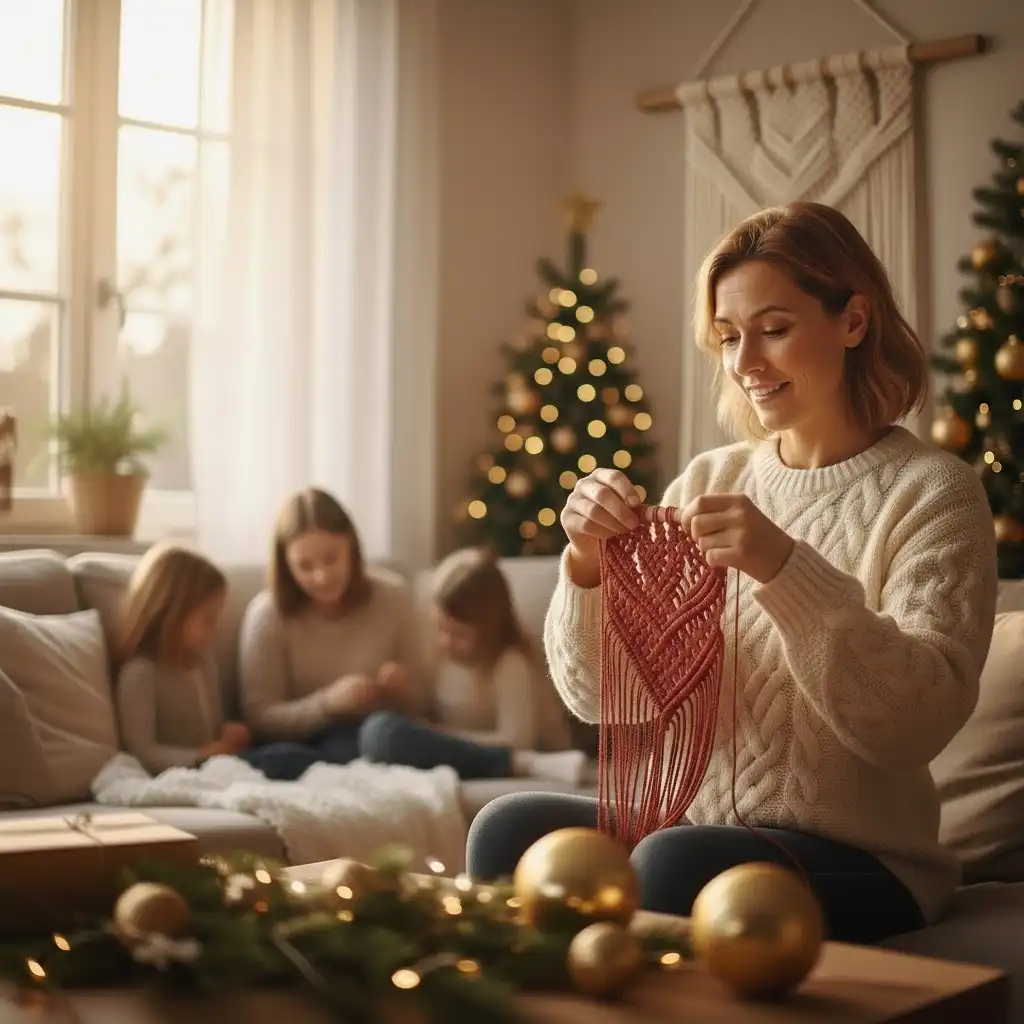 Mujer haciendo su proyecto de navidad de macramé con cuerda roja