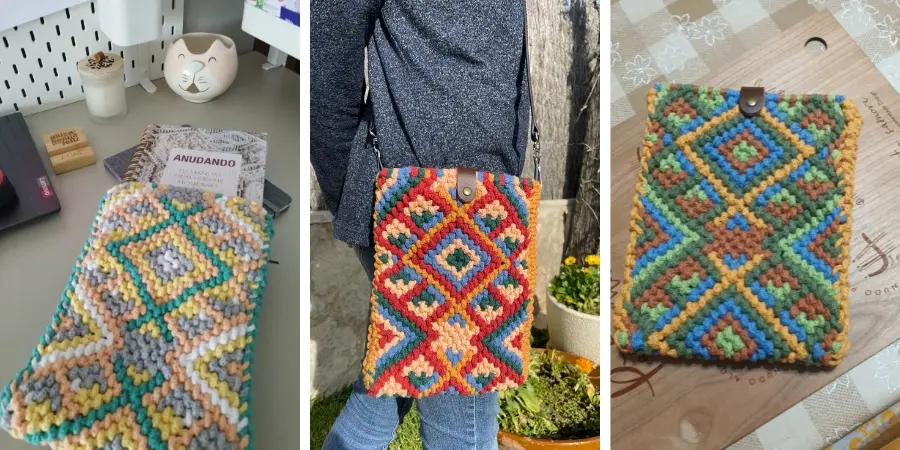 Fundas de macramé hechas por alumnas del curso Funda Orizaba en distintos colores - Fruto Samore®
